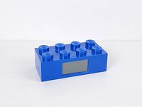 Front view of blue LEGO brick alarm clock showing LCD display