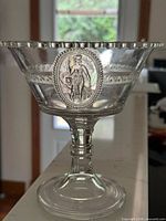 Profile of pedestal compote showing Guardian Angel cartouche and beaded rim