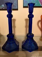 Pair of cobalt blue glass candlesticks