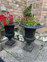Two cast iron urn planters on patio with flowers