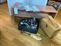 Overall lot with shoe shelf, care items, stretcher, boxes