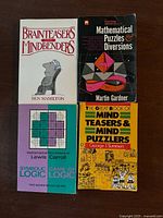 Four puzzle and logic paperback books laid out on table