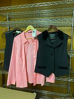 All three garments hanging: Teenflo vest, Olsen blouse, Liz Claiborne vest