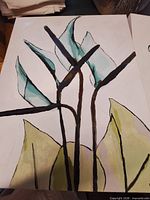 painting with teal and green leaves showing texture and signature