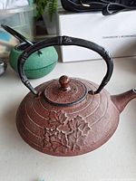 Side view of brown cast iron teapot showing handle, lid and leaf relief
