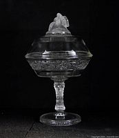 Full view of covered compote showing lid with lovebirds finial, bowl, stem and foot