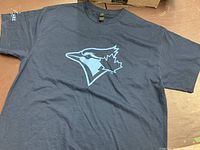 Full view of navy Gildan T-shirt with Toronto Blue Jays logo