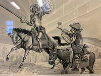 Close-up of illustration showing knight on horse and figure on donkey