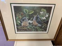 Front view of framed signed limited edition print of baby birds in nest