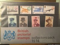Front of 1974 British Pictorial stamps collector's pack showing eight mint stamps