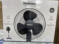 Front of box showing image and specifications of the 16-inch Holmes manual stand fan