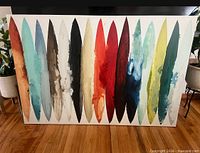 Full frontal view of entire abstract canvas showing all fourteen coloured forms