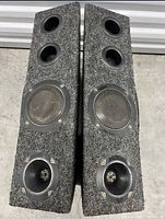 Front view of both MTX speakers showing drivers and carpet covering