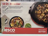 Front of sealed box showing Nesco 18 Qt Roaster product image and graphics