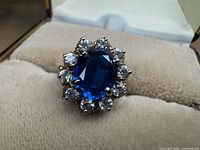 Front view of cluster ring showing blue center stone and surrounding clear stones