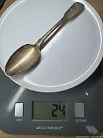 Spoon on scale showing 24 g weight