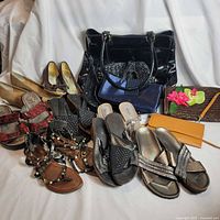 Group shot of eight pairs of shoes and five handbags/wallets laid out on white backdrop