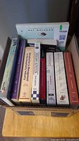 Box containing multiple textbooks, top view