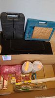 Overall lot showing car mats, two tool cases, box of hardware