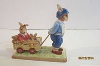 Left profile of figurine showing adult rabbit pulling wagon with passengers
