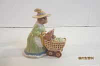 Front view of Bunnykins figurine showing rabbit mother, dress, hat and pram