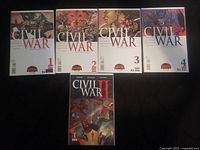 Front covers of all five Marvel Civil War comics laid out