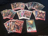 All 46 Avengers comics spread out showing covers