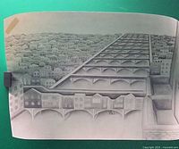 Full view of pencil drawing showing entire cityscape and signature area