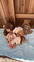 Group shot of six plush bears on blue cloth