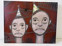 Full view of signed oil painting on canvas showing two boys with party hats and spiderweb background