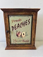 Front view of wood wall cabinet showing tin sign door and knob