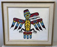 Front view of framed painting featuring stylized raven motif