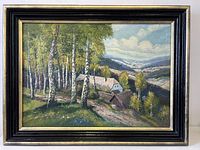 Full view of framed oil landscape painting