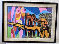 Front view of framed painting showing entire composition, frame and glazing