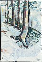 Full view of vertical abstract forest oil painting on canvas