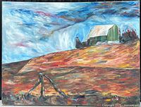 Full view of painting showing barn on hill landscape
