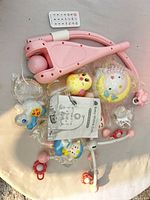 all components laid out including mounting arm, toys, remote, manual