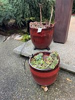 Two red ceramic outdoor plant pots with succulents on pot feet