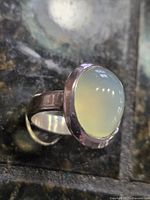 Side view of sterling silver ring showing band and raised oval chalcedony cabochon