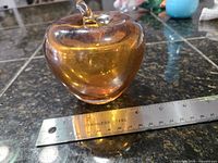 Front view showing apple shape, clear stem, ruler for scale