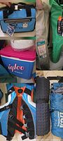 Collage: Titan cooler bag, sleeping pads in sacks, Igloo cooler, life jacket, foam pad, rolled bag
