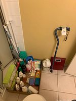 Overall lot showing cane, scale, toiletries box, gallon jug, cleaning handles