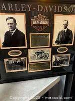 Overall framed collage showing founders' portraits, logo and motorcycle photo