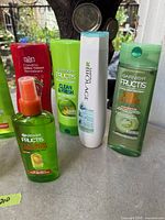 Group shot showing Garnier spray, Pert 2-in-1, Matrix Biolage and Garnier conditioner