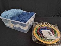 Overall lot showing yarn inside bin and packaged loom rings