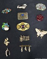All twelve gold-tone brooches arranged on black background