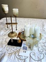Group view of all onyx items: donkey, candle holder, tray, five glasses, bowling pin/ball