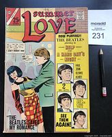 Front cover showing title, issue number, price, Beatles banner, pencil and lot card for scale