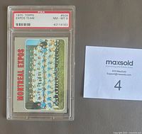 Front of PSA-slabbed 1970 Topps Expos team card showing grade label and team photo