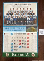 Cover page showing Toronto Maple Leafs 1971-72 team photo, October 1972 month grid, Maple Leaf Gardens image and Export A branding